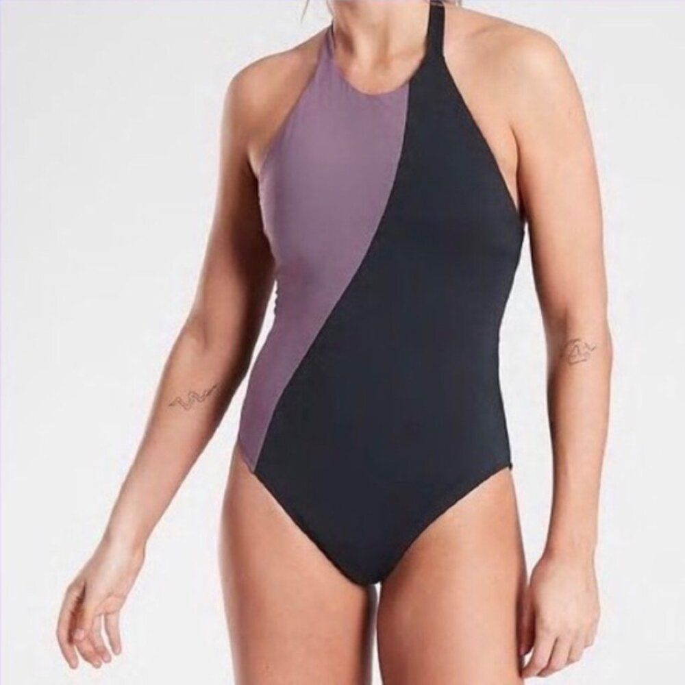 Athleta color block halter one piece swim suit black dusty purple color size xxs